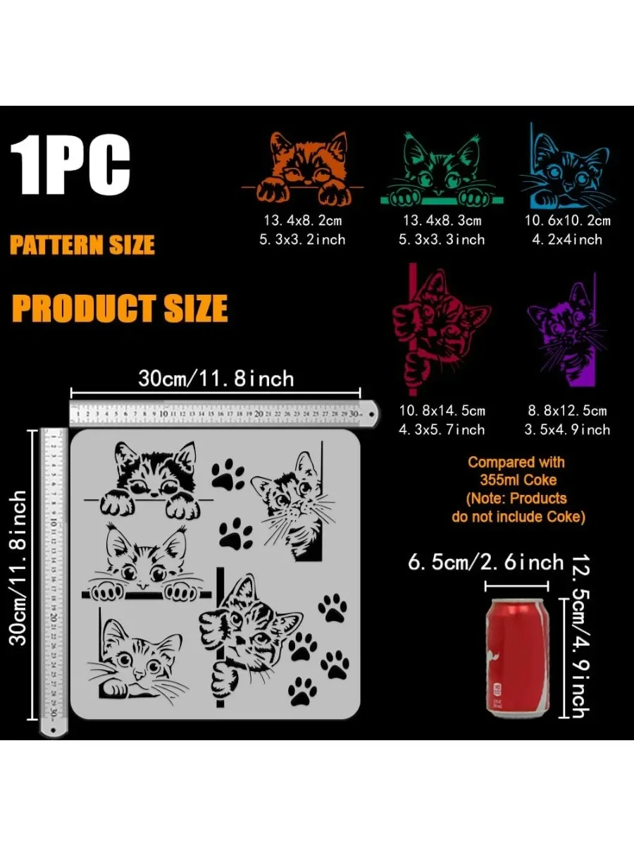 1Sheet Peeping Cat Painting Stencil 11.8x11.8 inch Cat Border Template Hollowed Cute Cats Stencil Large Cat Paw Prints Template