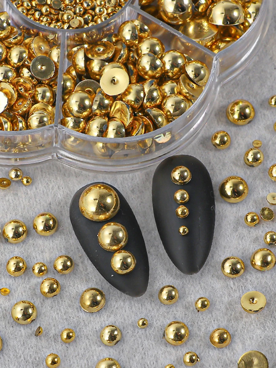 2000 sztuk/pudło złoto srebro biały różowy beżowy perłowy zdobienie paznokci dekoracje, pudełko w kształcie kwiatu, półokrągłe perły akcesoria do paznokci DIY