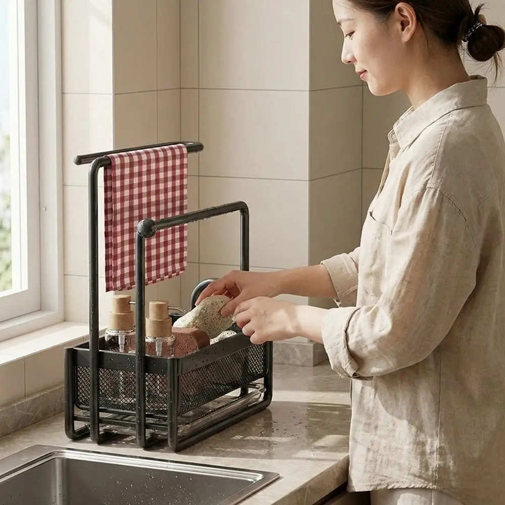 

Многофункциональная металлическая подставка-органайзер для раковины с поддоном для воды, прочная сушилка, многоуровневый держатель для губок, для ванной комнаты