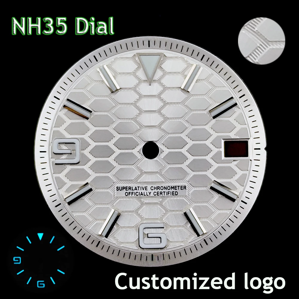 

Новый циферблат NH35 наземного типа, 28,5 мм, циферблат с индивидуальным логотипом, синий циферблат с подсветкой, подходит для аксессуаров для часов с механизмом NH35
