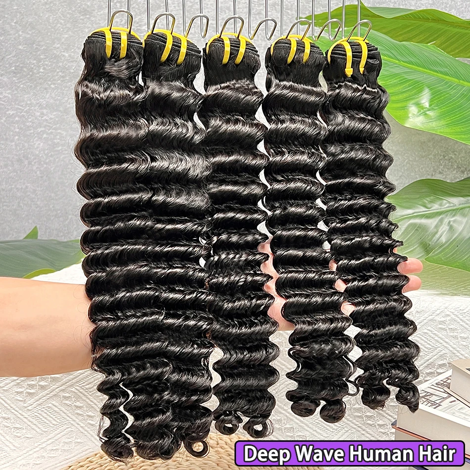 Глубокие волны, пучки человеческих волос, двойные утки, наращивание волос, натуральный черный цвет, 100% необработанные девственные волосы, оптовая продажа, предложения на пучок