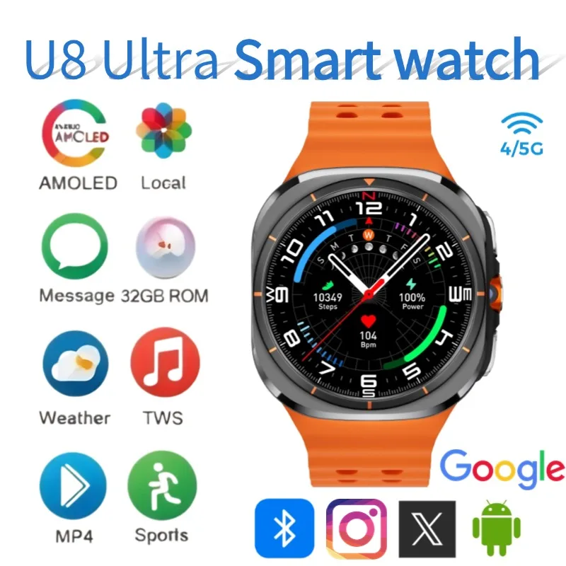 

Обновленные умные часы U8 Ultimate 4G 5G SIM-карта Видеозвонки GPS Компас WIFI Поворотная камера Международный аккумулятор 1480 мАч