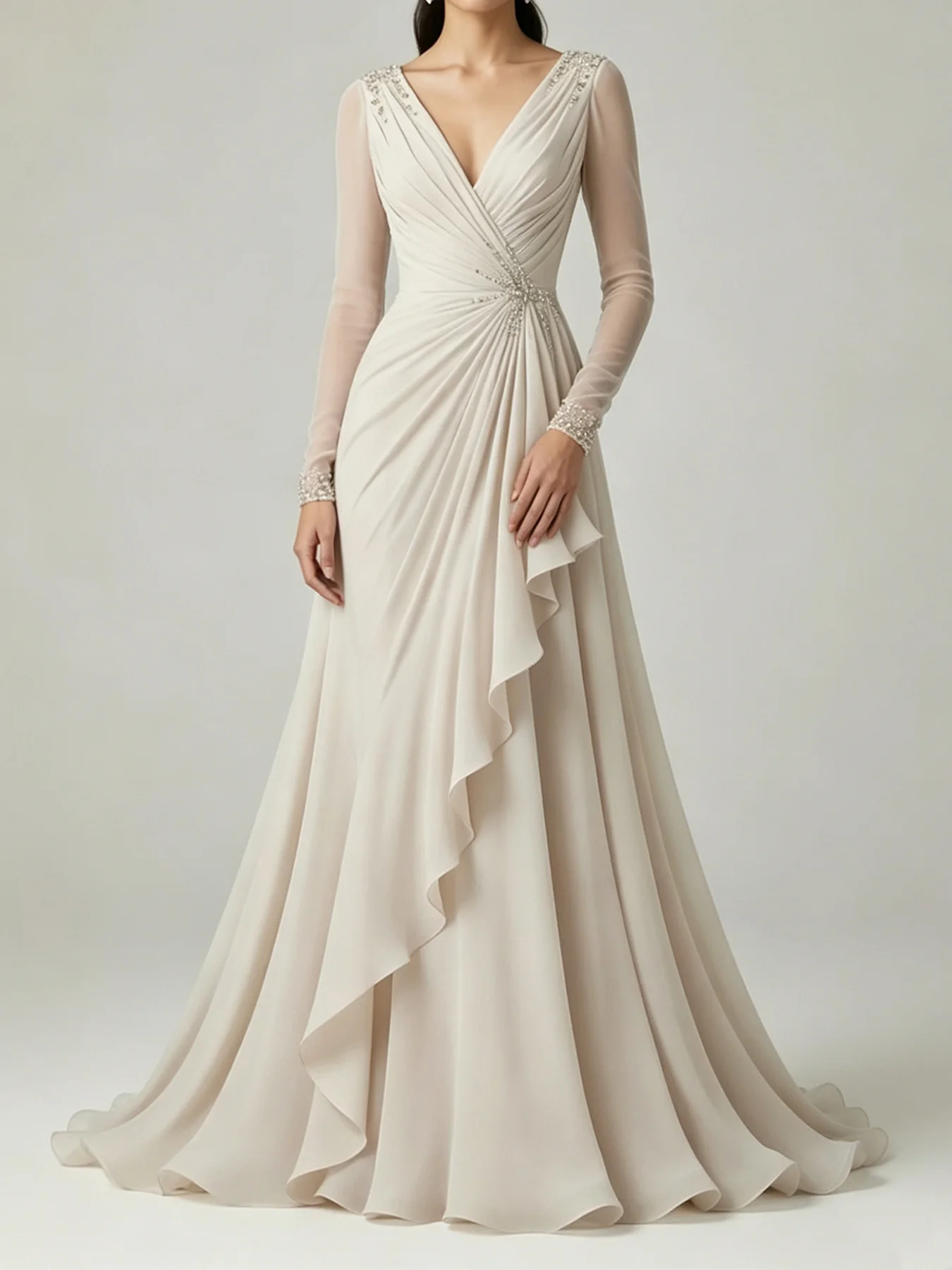 Plus Size Women Luxury Sequins Chiffon Evening Dress Elegant V Neck Long Sleeves Tiered Ruffled Hem Wedding Guest Party Dresses