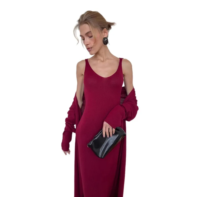Autumn Best-selling Pure Cotton Knitted Hollowed-out Vest Long Dress + Long-sleeved Cardigan Set for Women's Soft Knitted Smock.