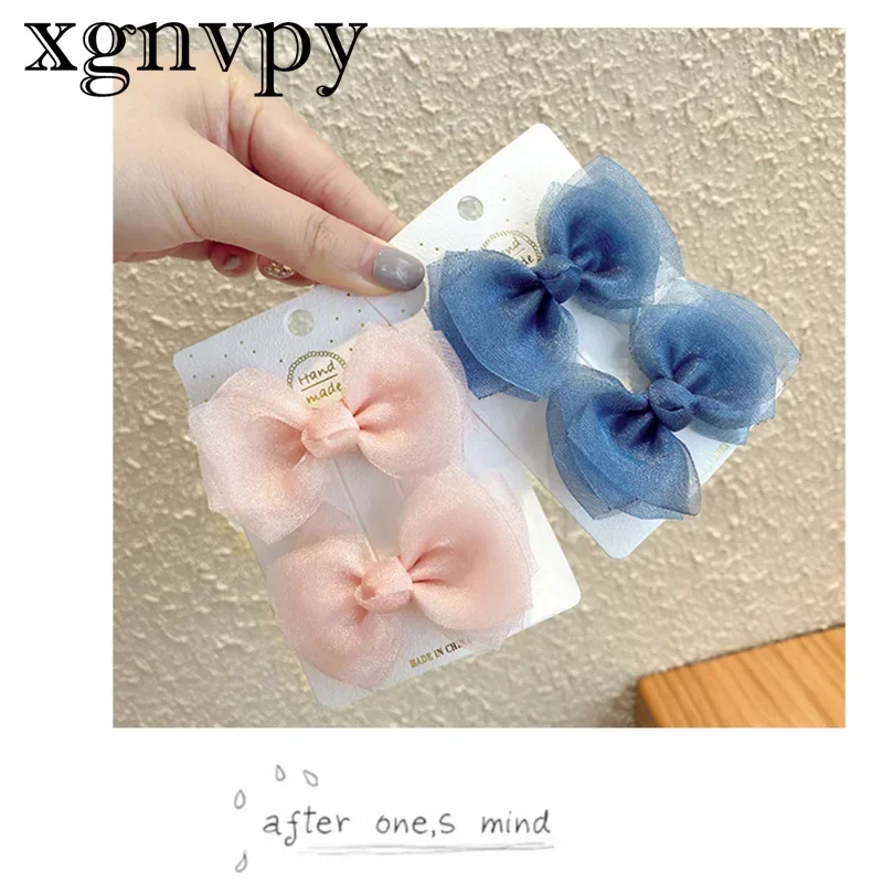 xgnvpy 2pcs Cute Girl Hairpin Fashion Hairpin Pearlescent Mesh Hair Card Children Bow Hairpin Baby Hair Accessories