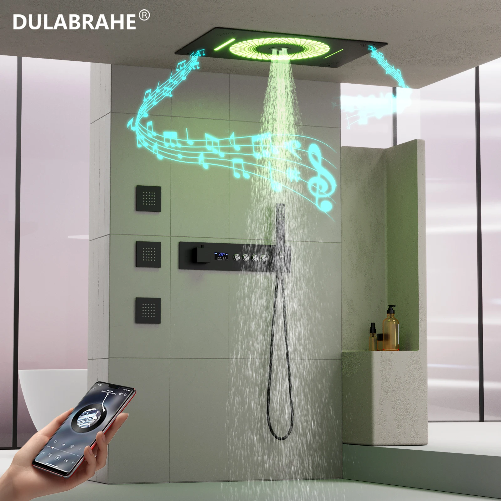 600X405MM Sky City Top spray shower with music speakers LED Waterfall Jet bath Thermostat shower faucet set