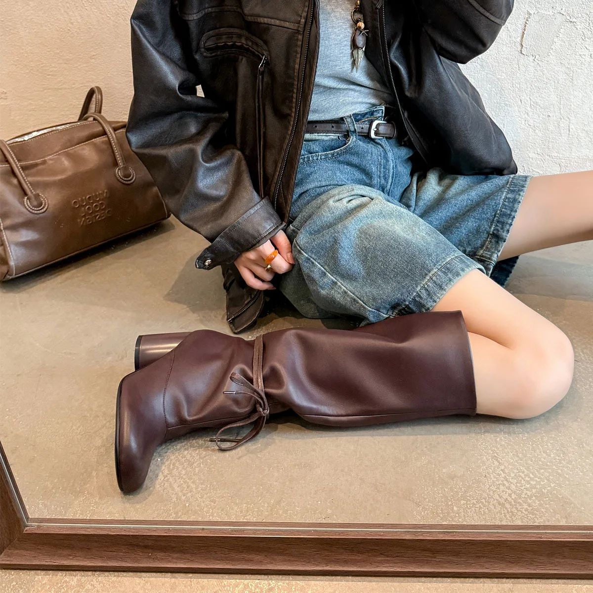 

Arden Furtado Autumn cowhide Ankle strap Knee high boots Round toe slip-on Chunky heels Modern boots Large size Women's Boots