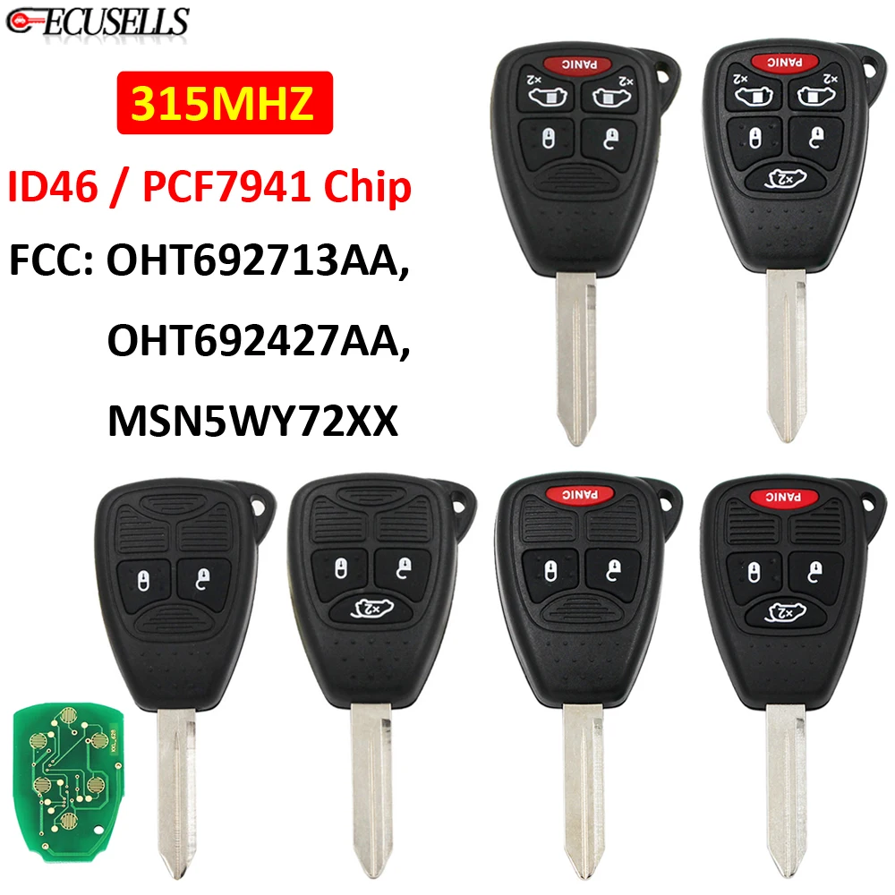 Ecusells 2/3/4/5/6B Remote Car Key Fob 315MHz PCF7941 Chip for Chrysler for Dodge for Jeep OHT692713AA OHT692427AA MSN5WY72XX