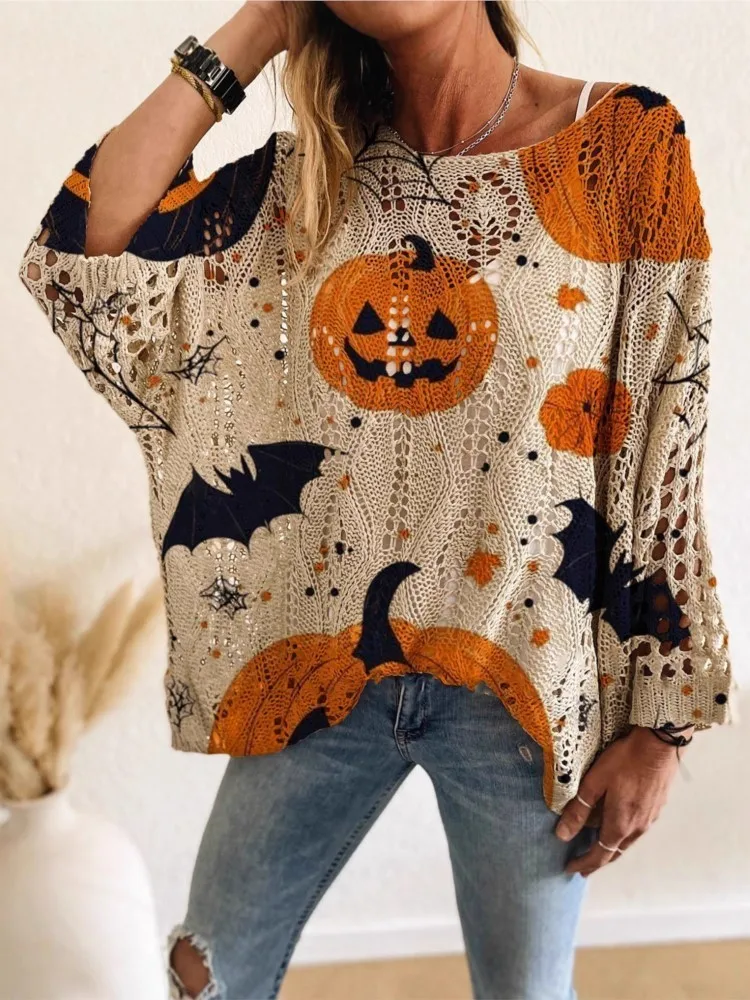 

Christmas Pumpkin Bat Halloween Print Long Sleeve Women's Casual Shirts Leisure Loose Mesh Hollow Out Pullovers Sweater Women