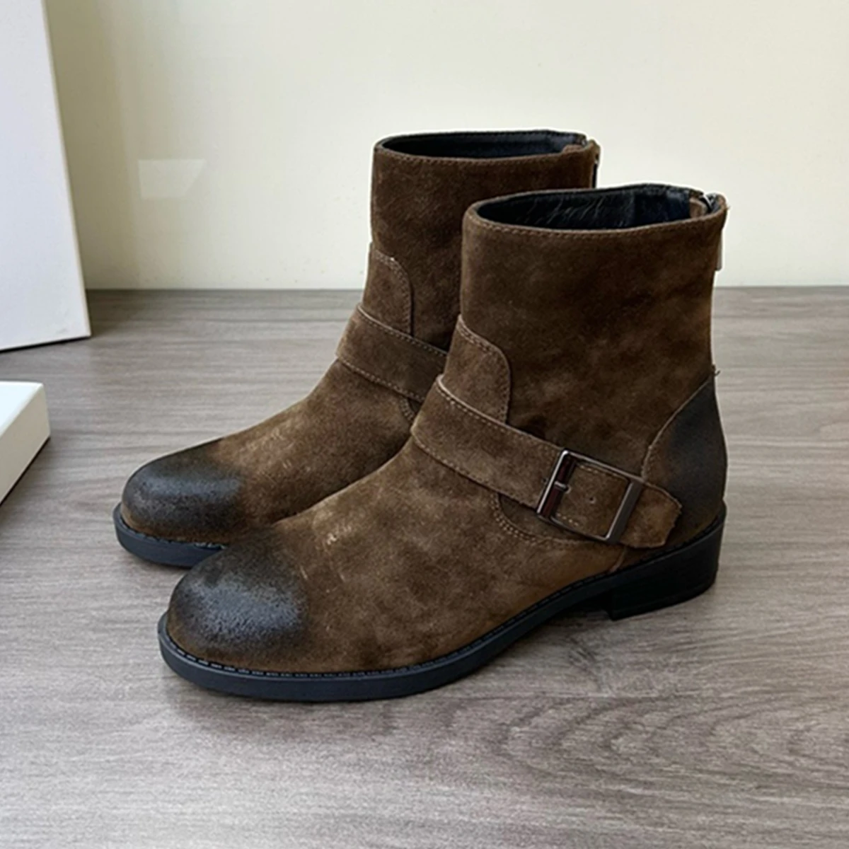 Withered Winter Shoes Ladies Buckle Vintage Cow Suede Wide Tube Low Heel Slip-on Chelsea Boots Women Casual Commuting Shoes