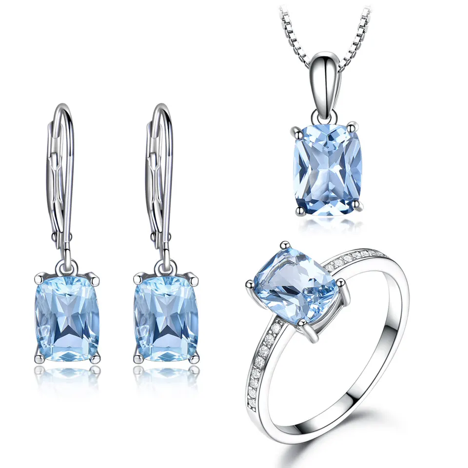 3pcs S925 Silver Sky Blue Topaz Necklace Earrings Rings Set Fashion Platinum Plated Fine Jewelry Set