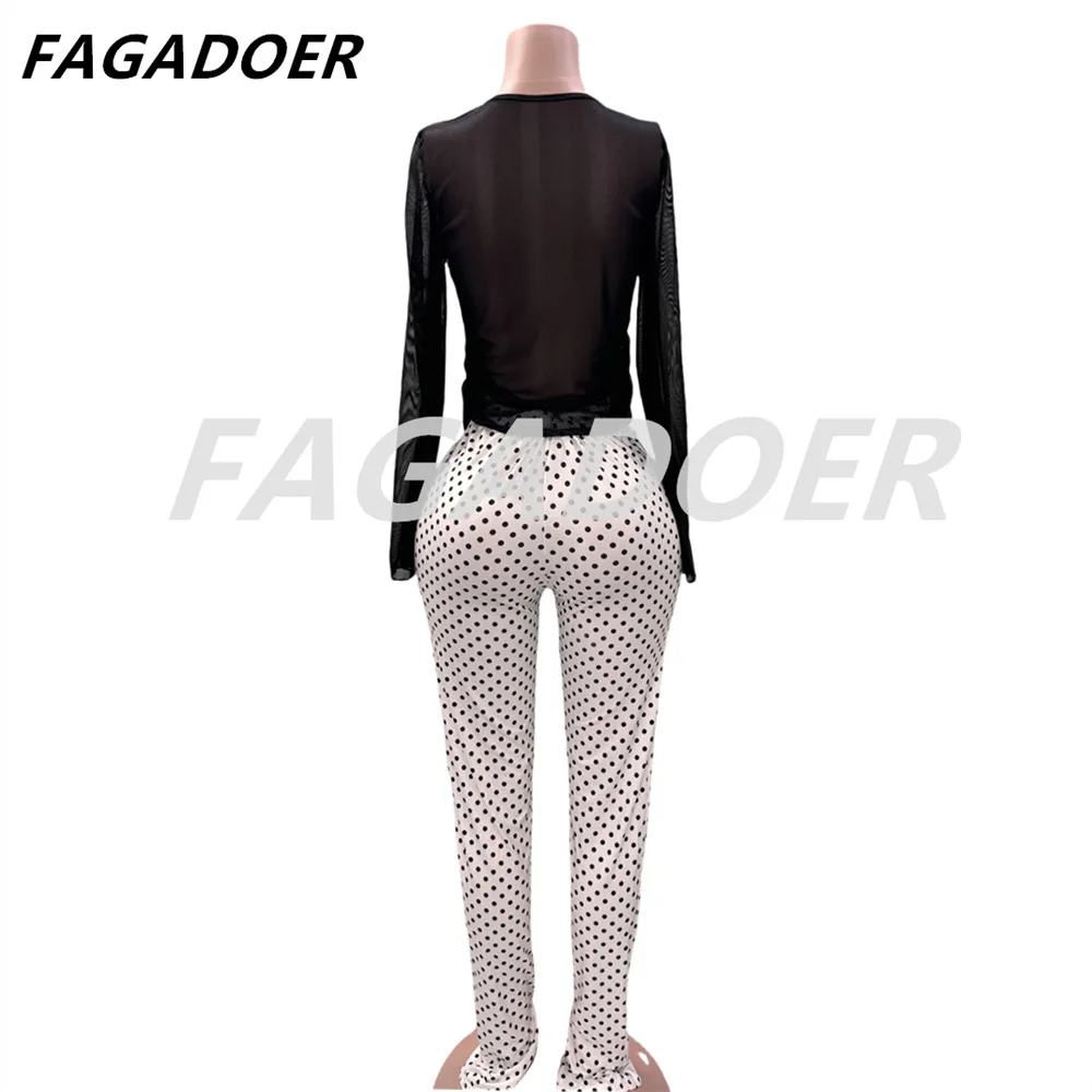 FAGADOER Vintage Y2k Polka Dot 2-częściowy strój damski Mesh See Through Bow Top i Stacked Pants Suits Ladies Club Streetwear