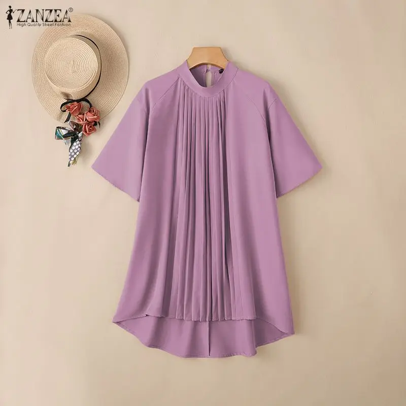 

Модная летняя плиссированная рубашка с коротким рукавом ZANZEA, женские длинные топы, женская блузка оверсайз, элегантная однотонная рабочая блузка с воротником-стойкой 2026