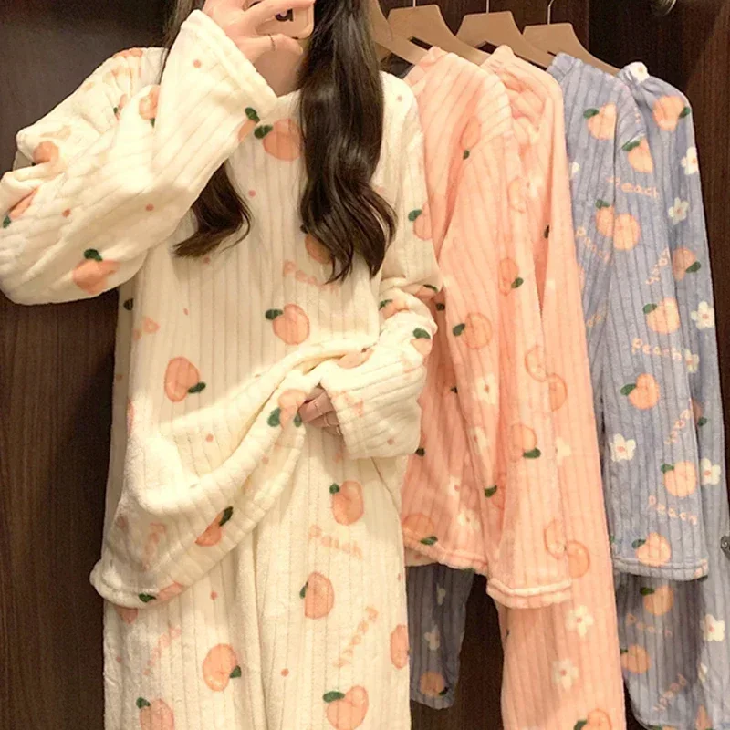 Women Pajama Sets Cute Peach Printed Suit Pullovers And Pants Warm Sets Thicken Fleece 2 Pieces Sets Women 2024 Autumn Winter