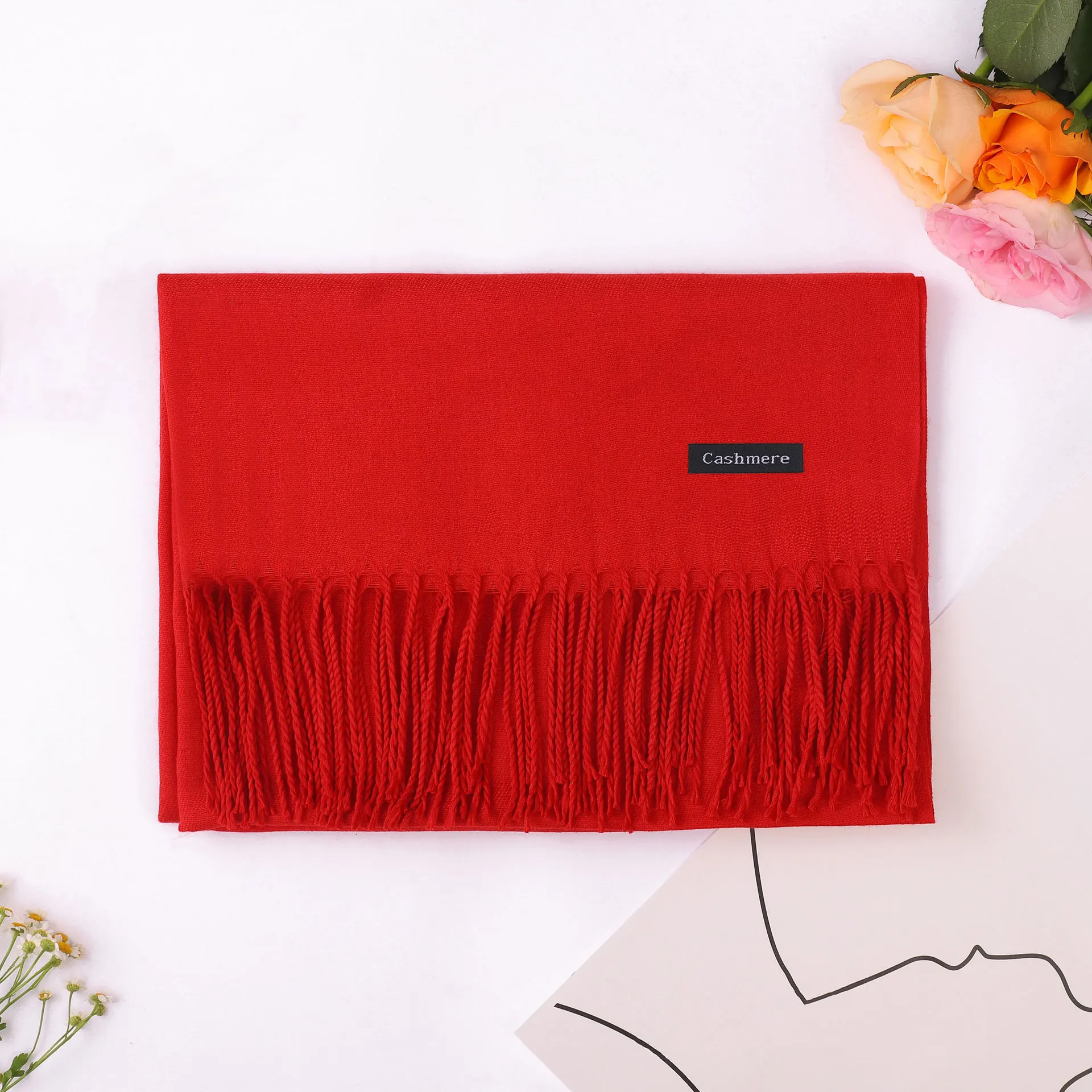 Multi-Color Autumn and Winter Solid-Color Scarf, Women's Single-Color Faux Cashmere Scarf, Fringed Thickened Shawl, Fashionable