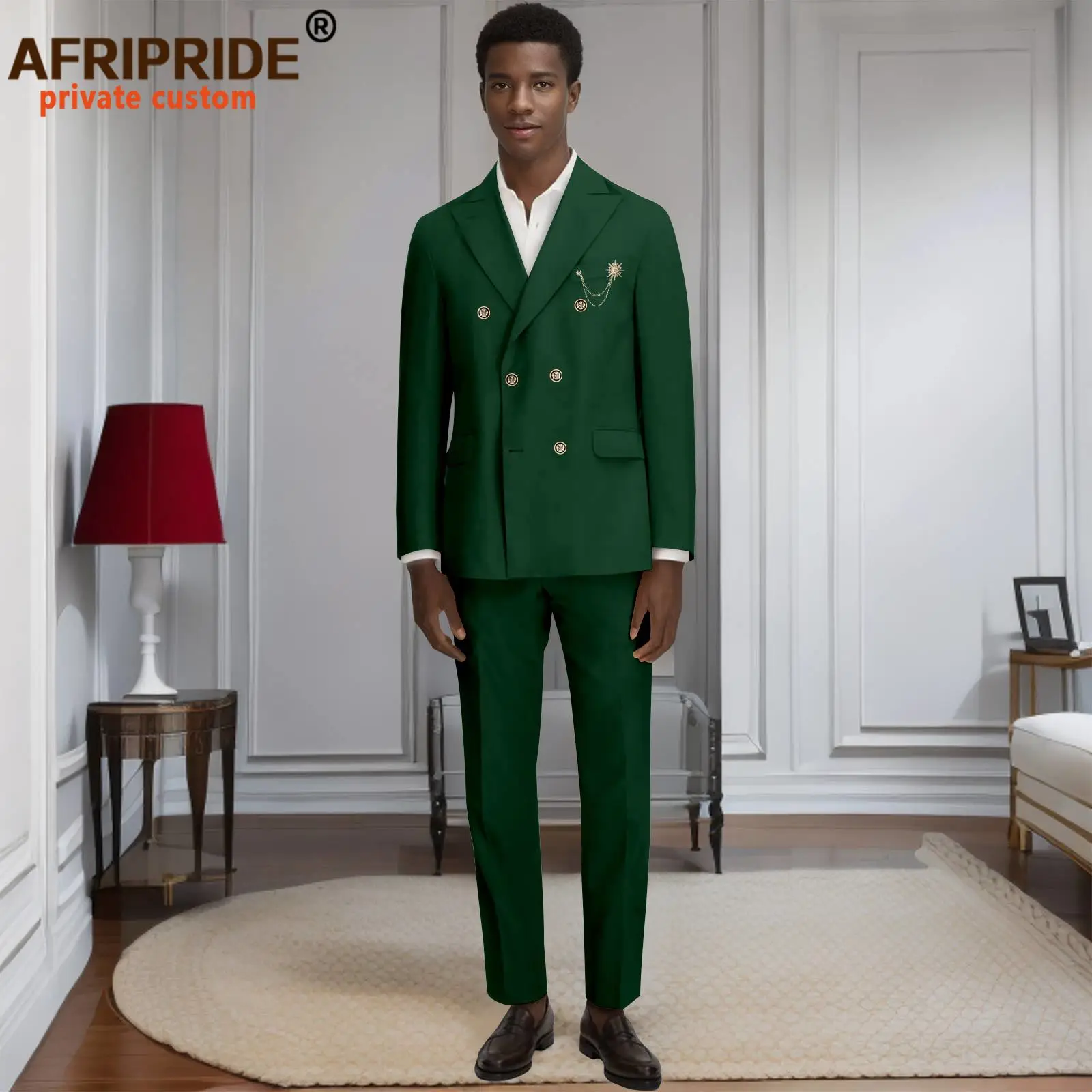 Dashiki Men Business Suits Double Beasted Brooch Blazer and Pants Set Formal Outfits African Clothes 2516031