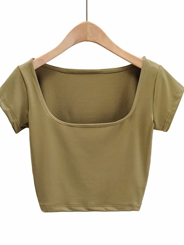 Women Petite Cap Sleeve Square Neck Crop T-shirt