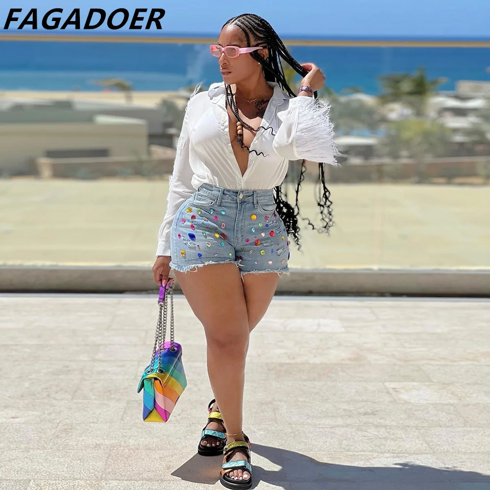 FAGADOER Fashion Colored Diamonds Tassels Denim Shorts Women High Waisted Pocket Slim Jean Casual Female Matching Bottoms 2024