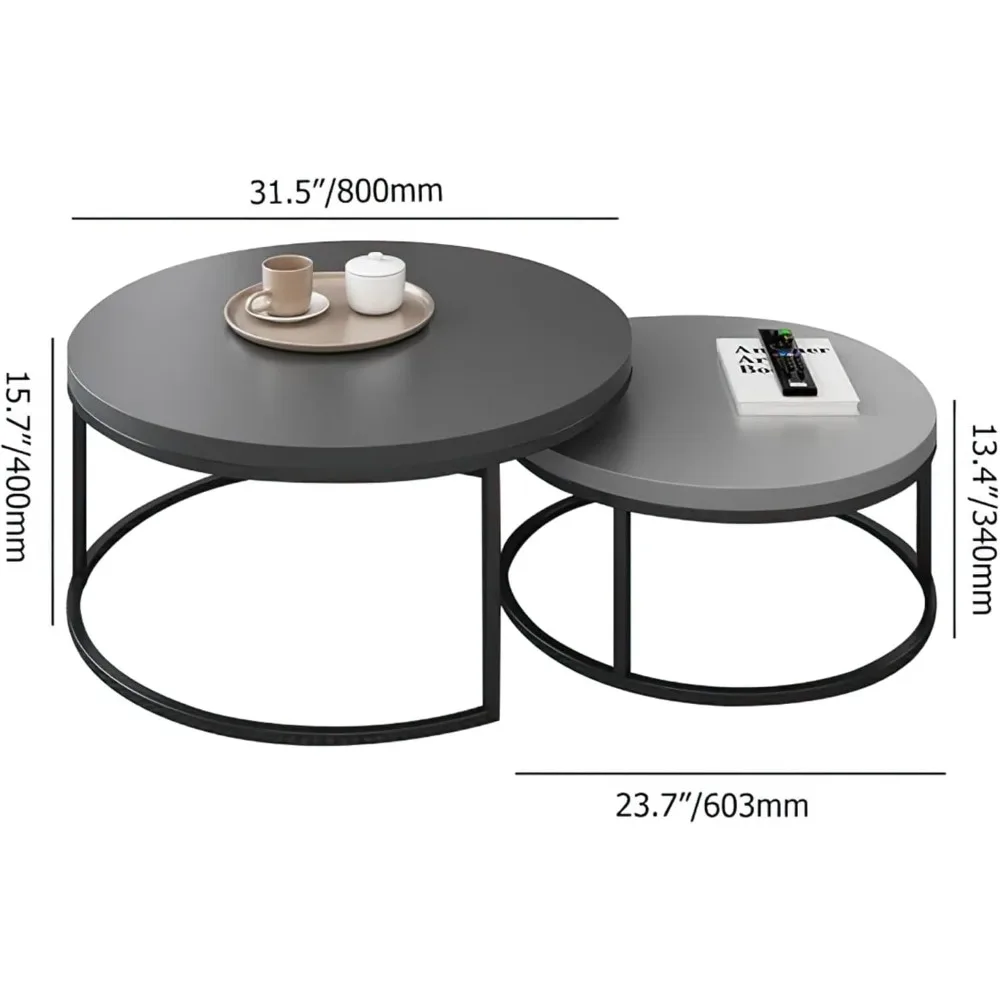 Conjunto de mesa de centro redonda moderna, mesas de coquetel aninhadas com pernas de metal preto, cinza escuro/cinza claro, fácil montagem, 31,5/23,7 inc