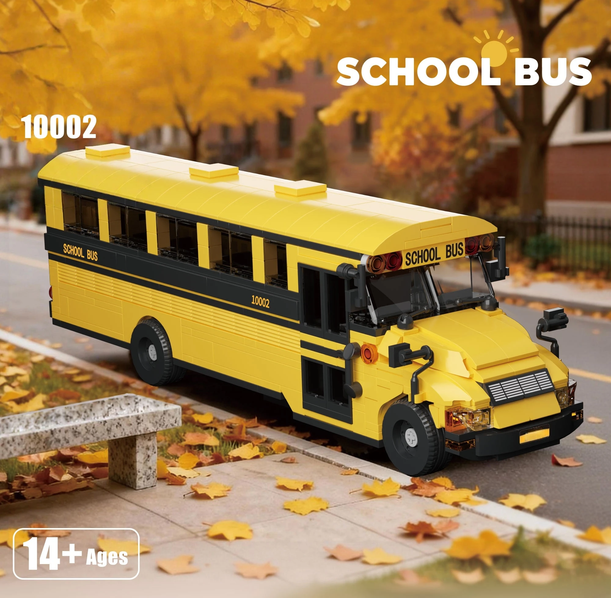 

Классический желтый набор строительных блоков американского школьного автобуса с табличкой и откидными дверями, подходящий для подарков и коллекционирования.