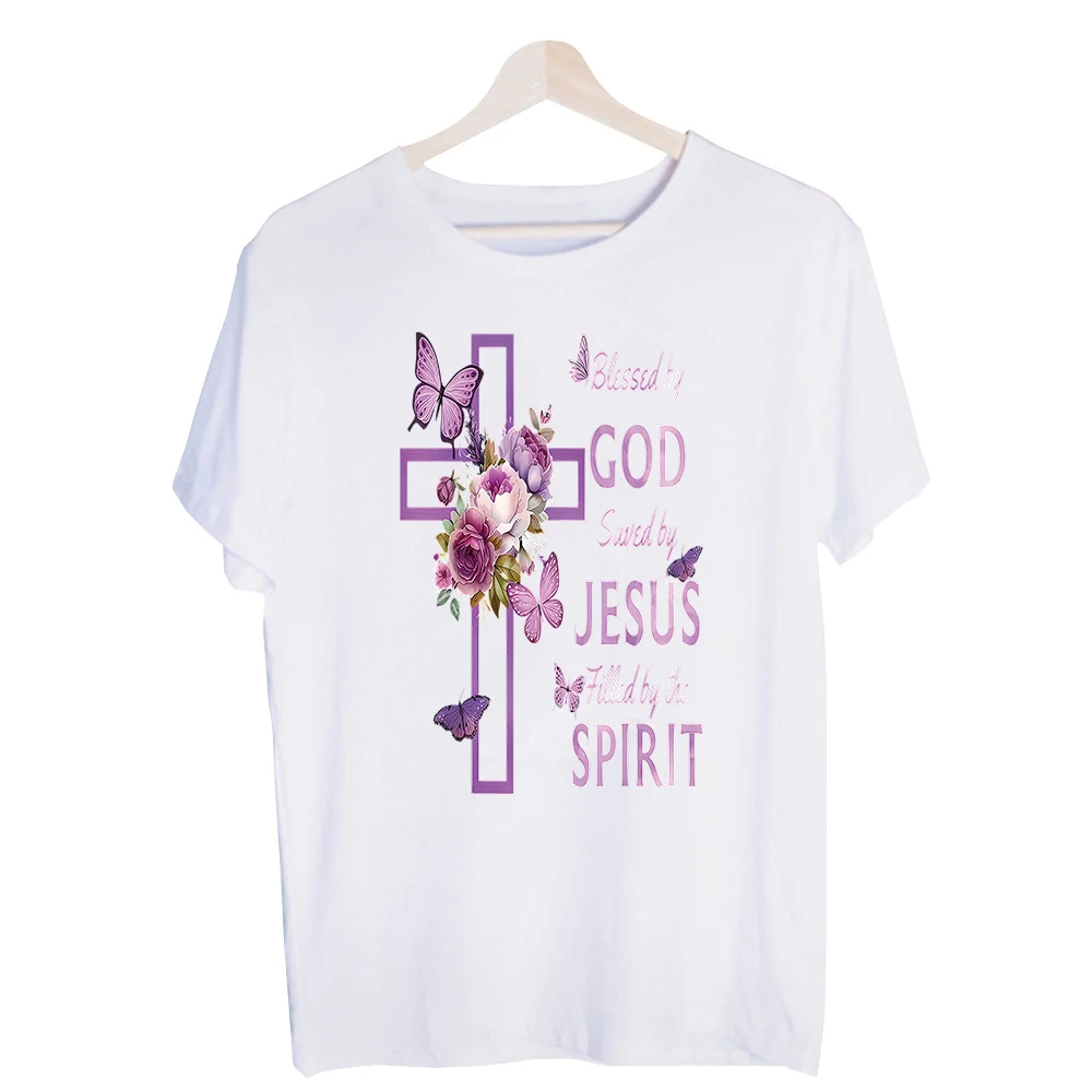 Women's Cross and Floral Graphic Tee, Short Sleeve Crew Neck T-Shirt for Casual Daily Wear and Church Outfits