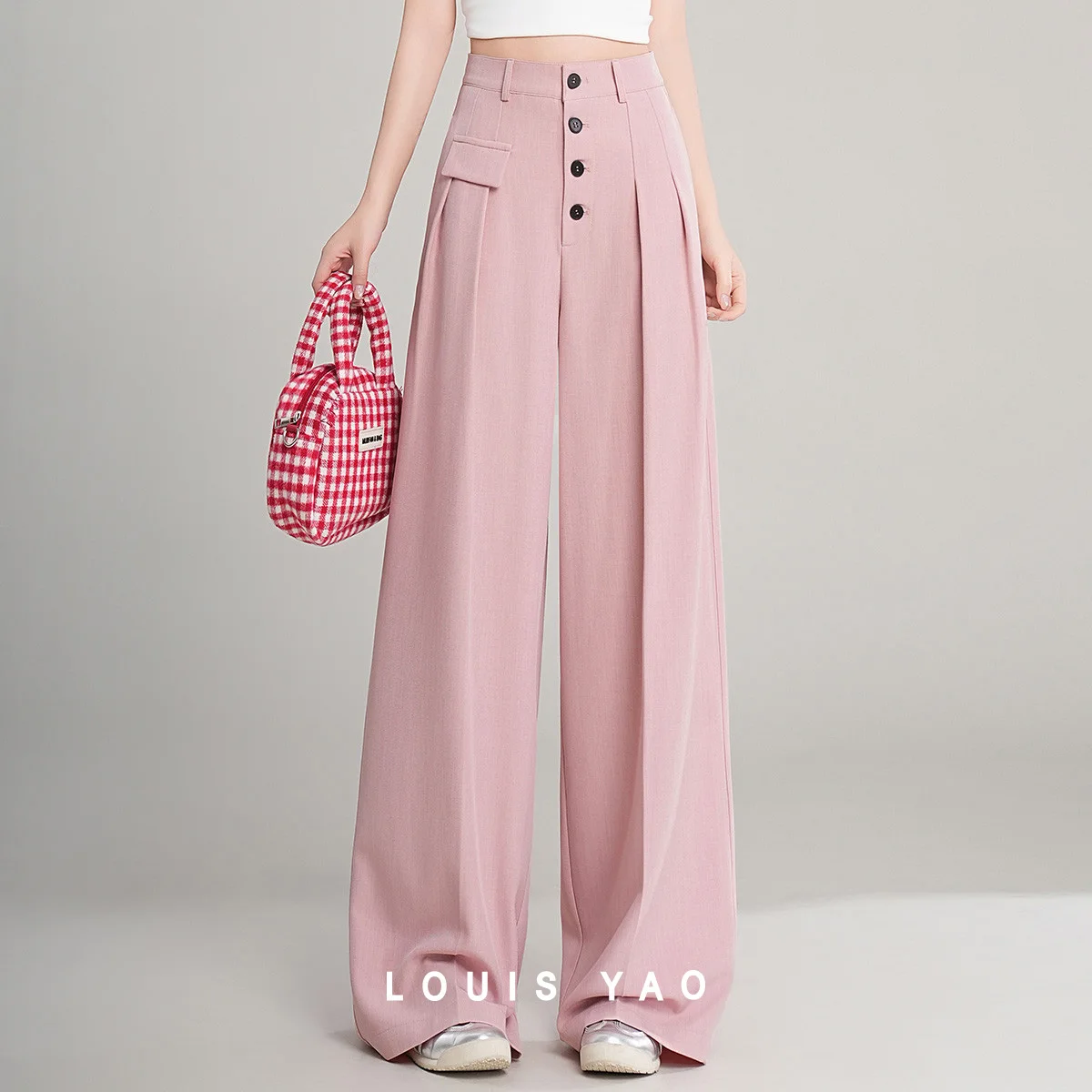 LOUIS YAO Retro Casual Pants 2025 Summer Color Contrast Buckle Hanging Surface Patch Decorative Bag Cover High Waist Pants