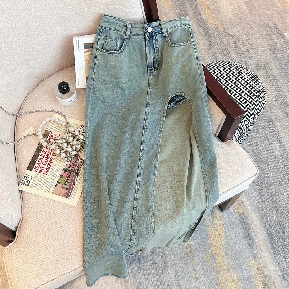 

Temperament Blue Denim Skirt For Women 2024 Spring/Summer High Split Wrap Hip Half Skirt A-line Mid-length Raw Edge Pants Skirt