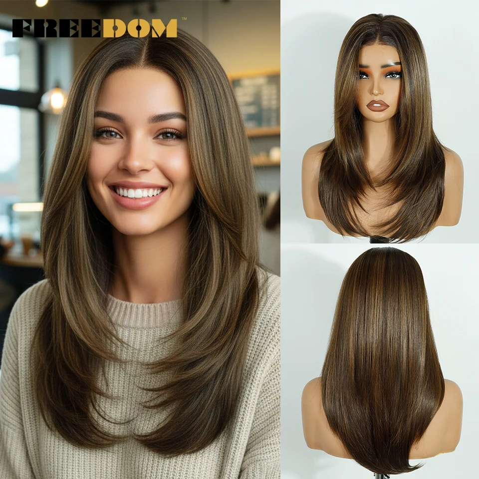 

FREEDOM 13x6 Synthetic Lace Frontal Wigs For Women 20 Inch Pre Plucked Lace Front Wig Wear And Go Ombre Brown Pre-cut Lace Wigs