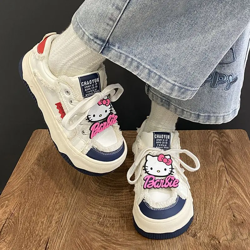 Sanrio HelloKitty Women Platform Sneakers Cartoon Lace Up Flat Outdoor Comfortable Running Sports Shoes Tennis Jogging Sneakers