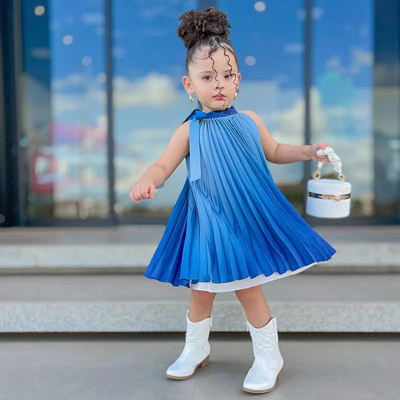 1-8Years Children Girls Summer Casual Dress Clothing Sleeveless Suspender Blue Clothes For Girls Princess Wedding Party Gift