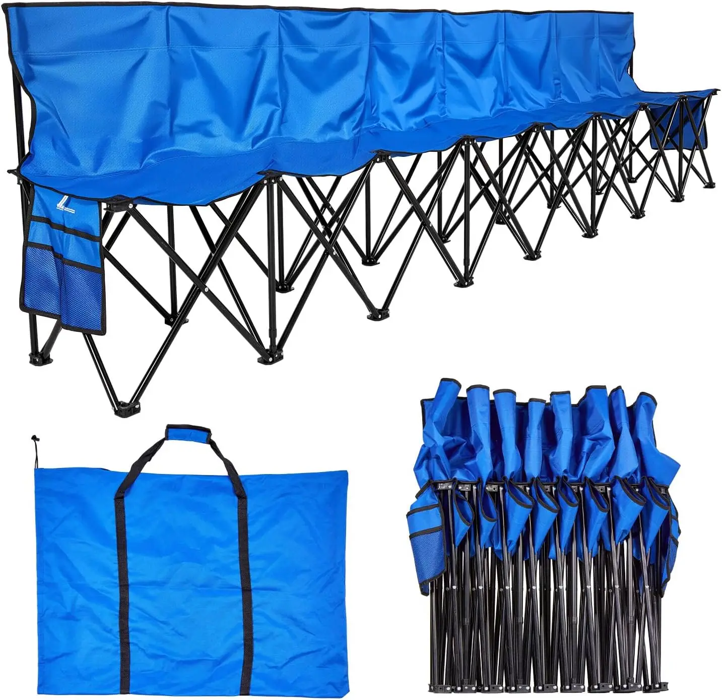 Banco Plegable Portátil con Respaldo y Bolsillos Laterales, Ligero de 8 Asientos para Deportes y Eventos al Aire Libre