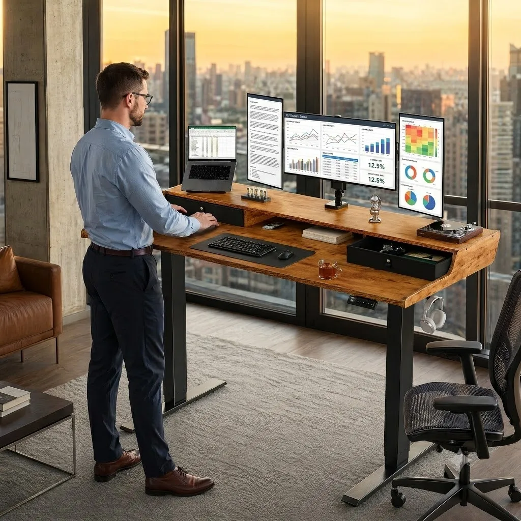 Electric Standing Desk with Drawers, 55″ X 28″ Gaming Table Compatible Monitor Stand, Stand up Desks, Home Office Height-Adjustable Desk with Storage Shelf, 4 Preset Heights