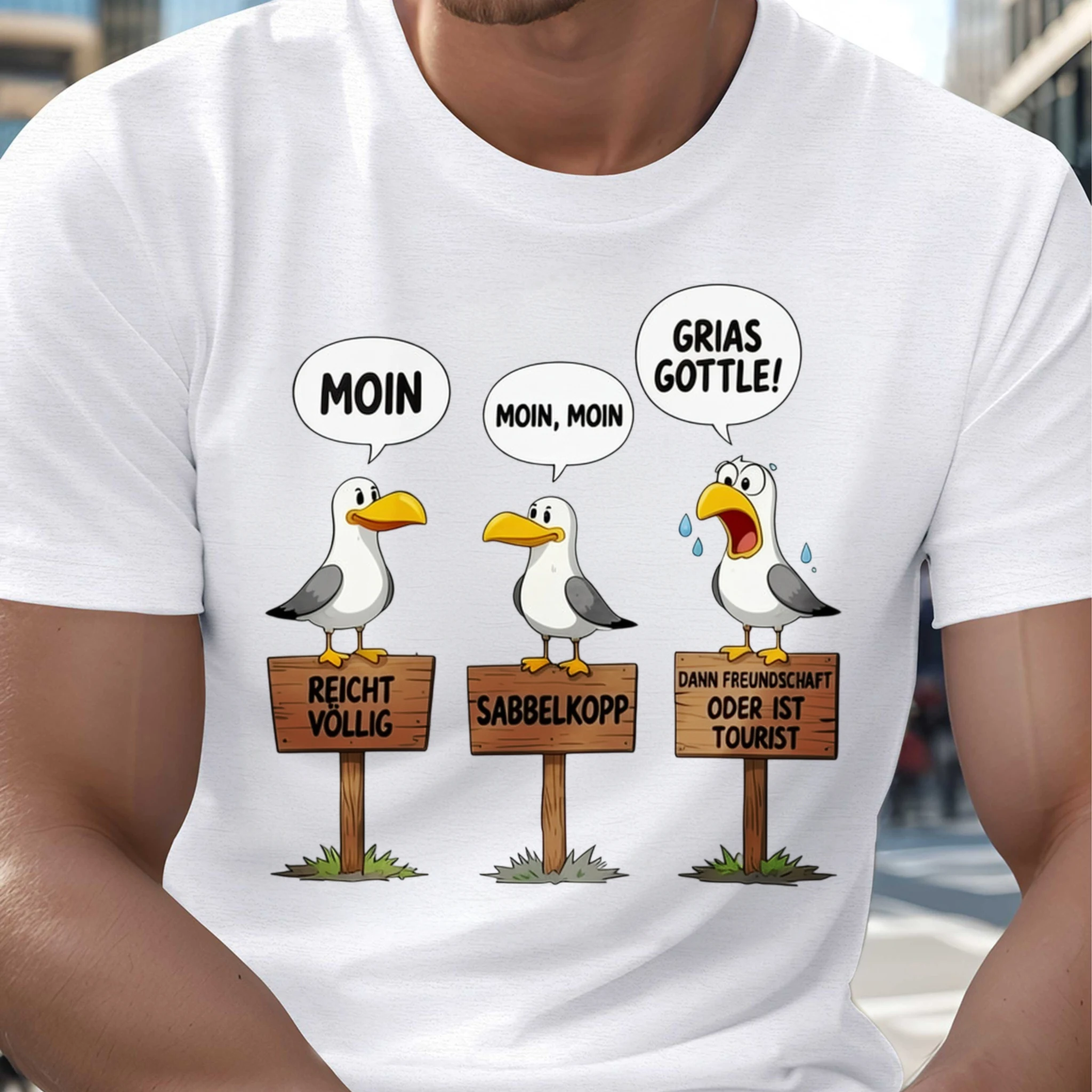1 Stück 100% Baumwolle Unisex T-Shirt mit drei Möwenvögeln, Sprechblasen und Holzschildern, O-Ausschnitt, kurze Ärmel, bedruckt, Übergröße, bequeme Freizeitkleidung, maschinenwaschbar.