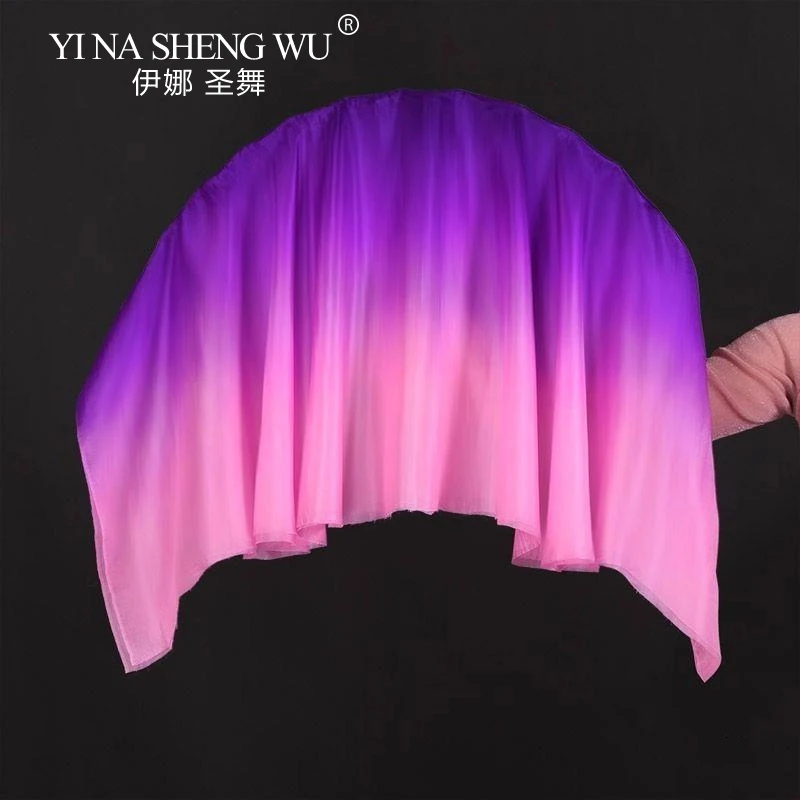 Éventails de danse du ventre Double face, violet rose dégradé de couleurs, accessoires de danse de Performance classique pour danseurs, éventail en soie véritable, 1 pièce