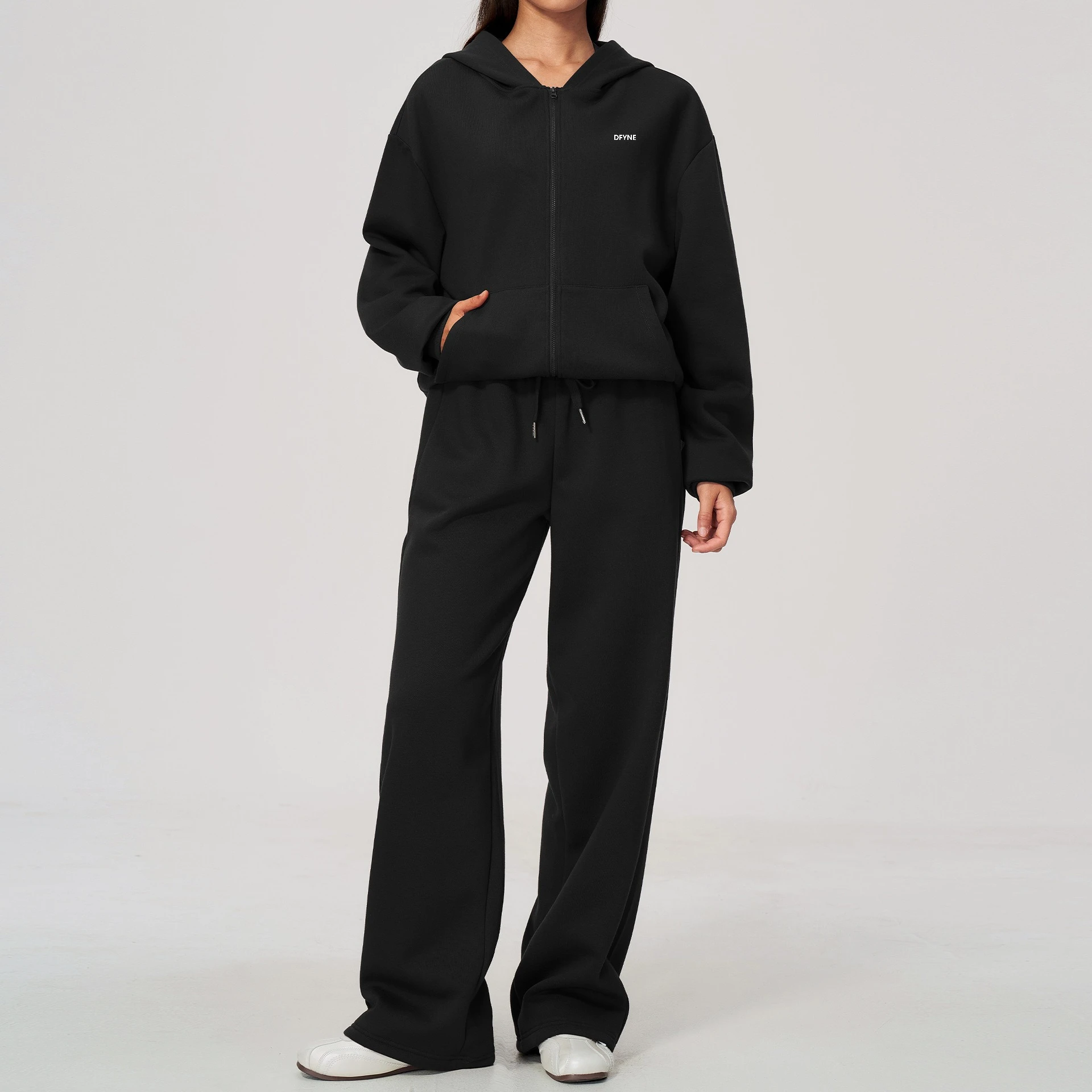 DFYNE Women 2 Piece Hoodie Set Brown Zip Up Sweatshirt Wide Leg Pants Tracksuit Casual Sportswear Lounge Wear Streetwear Outfit