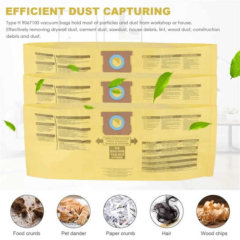 

-A90P 3 Pack Type H 9067100 Vacuum Filter Bags Replacement For Shop Vac 5-8 Gallon Vacuums,Replace Part 90671 9067100