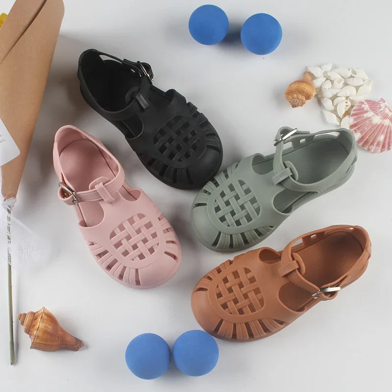 Children Summer Jelly Shoes Kid Solid Color Sandals Boys Girls Casual Beach Flat Bottom Hole Shoes Hollow Out Ventilate Sandals