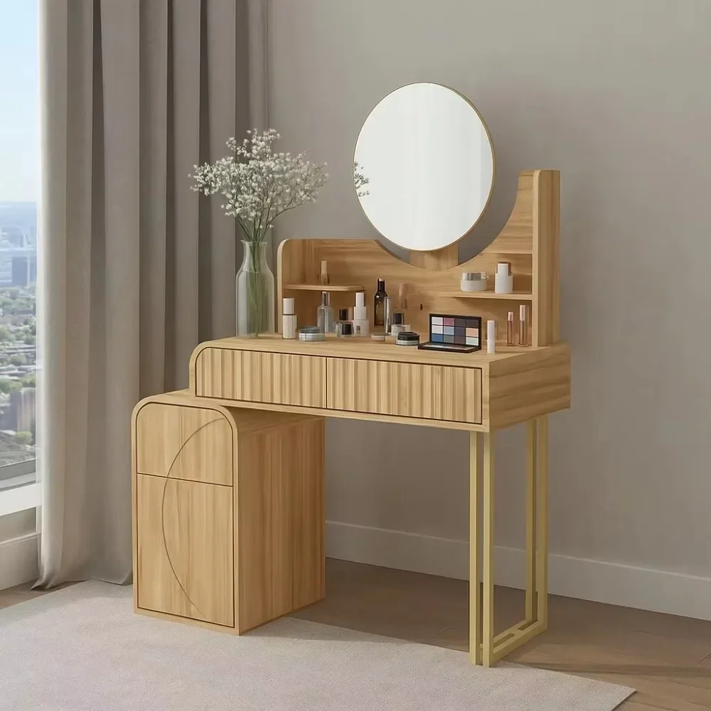 Living Room Minimalism Design High End Wooden Dressing Table Set Vanity Desk with Mirror and LED Lights