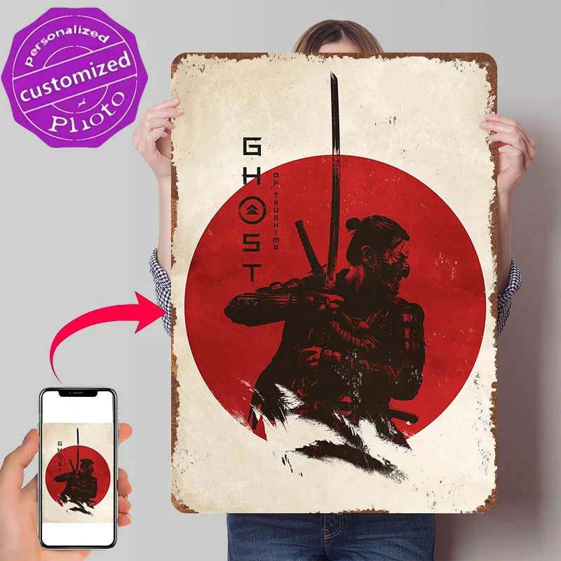 Ghost of Tsushima : Affiche texturée imprimée en 3D « La Détermination du Samouraï », Art mural personnalisé, Plaques métalliques rétro pour la décoration de bureau et de chambre
