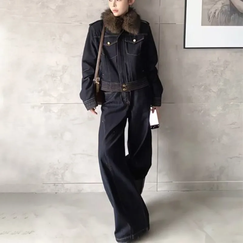 

Stylish Niche Fur Collar Retro Washed Padded Denim Short Jacket + Casual Straight Jeans Set Two-piece Set