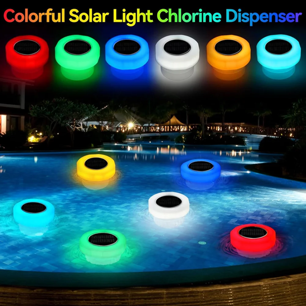 Solar Floating Chlorine Dispenser with Colorful Light Pool Chlorine Tablet Dispenser IP68 Waterproof for Up To 3 Inch Tablets
