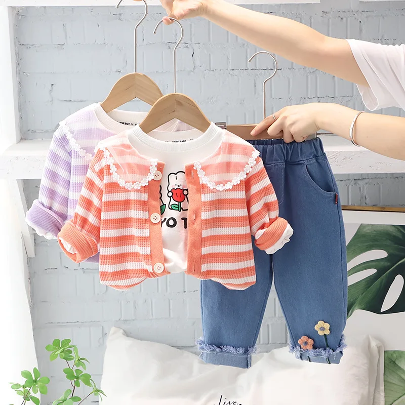 Replacement Children's Clothing Korean Girls Cute Rabbit Lace Collar Striped Cardigan Coats + White T-shirts + Pants Baby's Sets