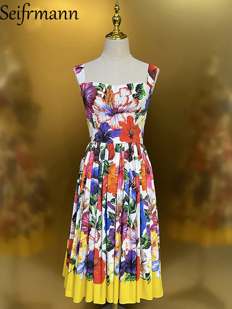 Seifrmann Lässiges, bedrucktes Baumwoll-Trägerkleid mit quadratischem Ausschnitt, ärmellos, mittellanges Kleid, Sommer 2026, neuer Damen-Stil