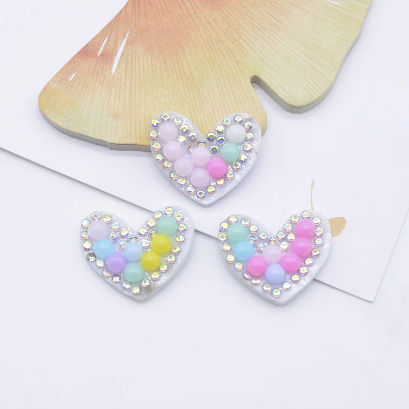 30Pcs 24*20mm Colorful Padded Rhinestone Heart Patches for DIY Clothes Hat Sewing Headwear Hair Clips Decor Appliques Accessory