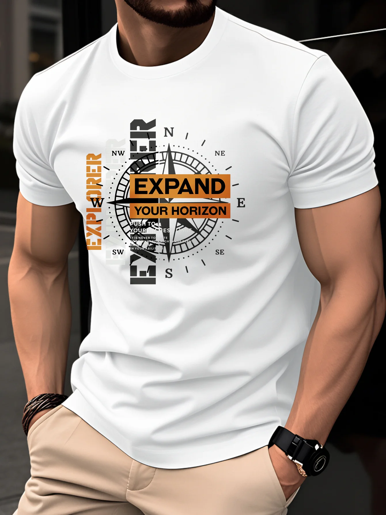 Summer men's 100_ pure cotton casual fashionable loose retro compass mountain pattern printed round neck short sleeved T-shirt
