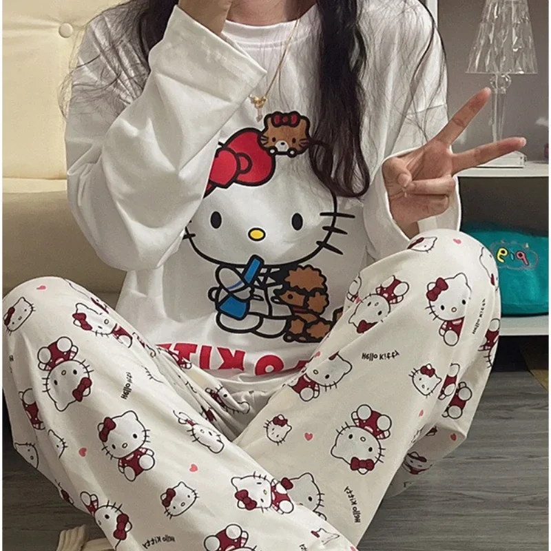 Anime Sanrio Hollo Kitty Cartoon Printed Long Sleeve Pants Set Loose Casual Women Homewear Pajamas T-shirt Pants Two-piece Suit