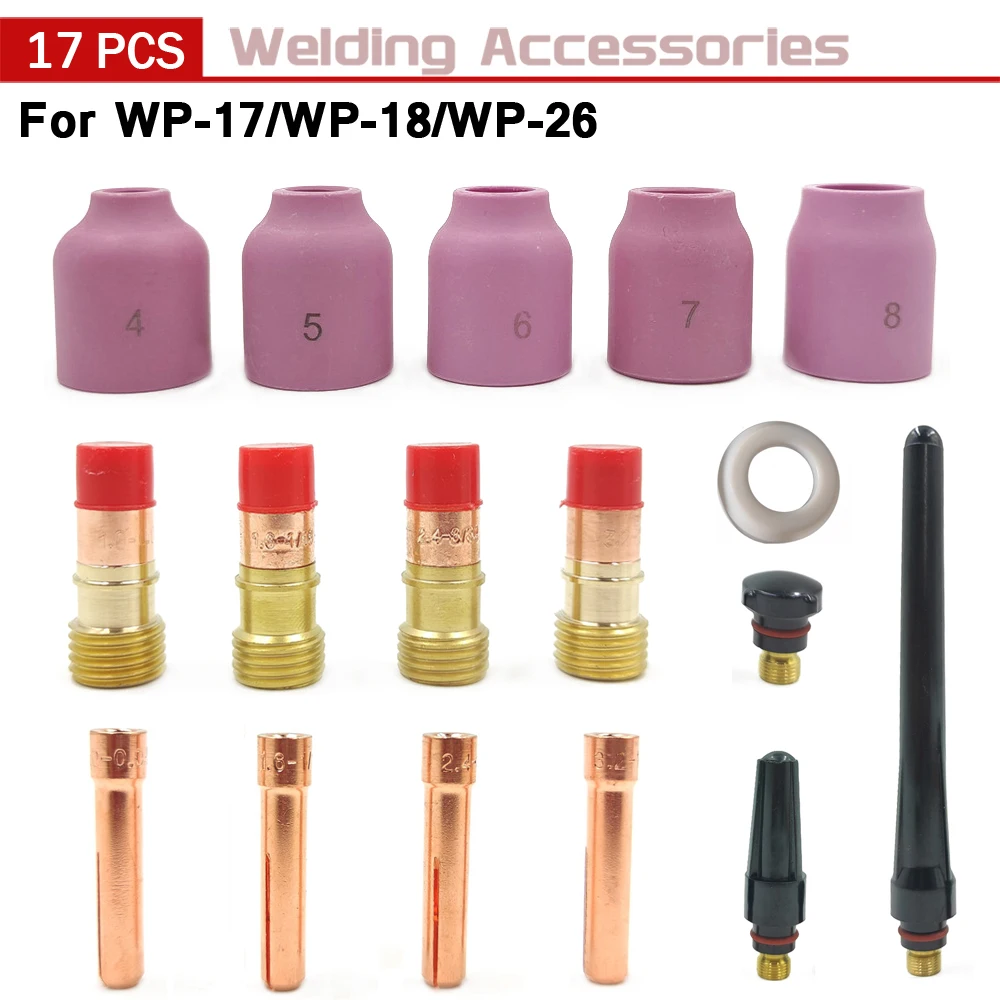 17Pcs TIG Welding Kit WP17 WP18 WP26 Accessories Tig Welding Stubby Gas Lens Collet Tips Collet Bodies Spares Welding Torch