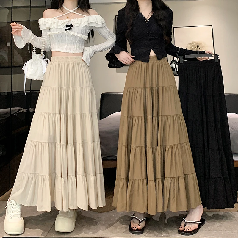 Autunno Elegante Solido delle Donne Wrap Ombrello Torta Gonne 2025 Nuova Vita Alta Coreano Ufficio Casual Allentato A-line Gonne Lunghe Femminile