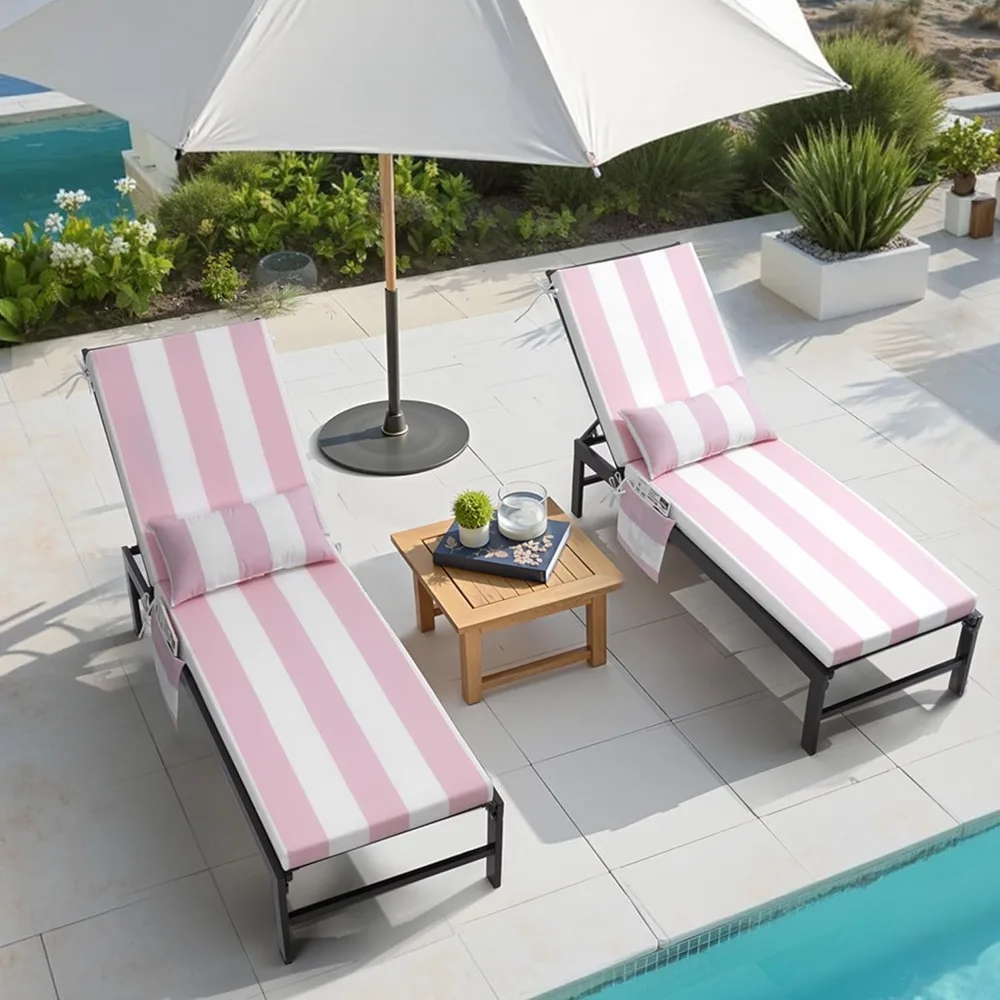 

Outdoor Chaise Lounge Cushion Set Of 2 With Head Pillow And Side Pockets, Water Repellent & Weather Resistant Patio