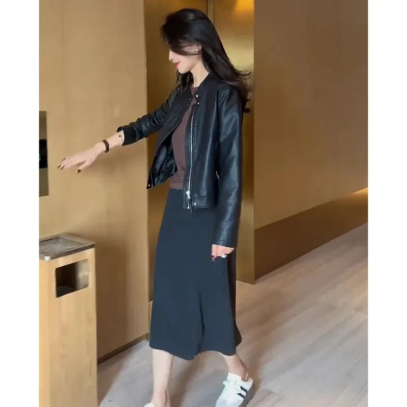 Chaqueta de cuero sintético para mujer, abrigo corto, holgado, informal, color negro, estilo coreano, para primavera y otoño, novedad de 2024